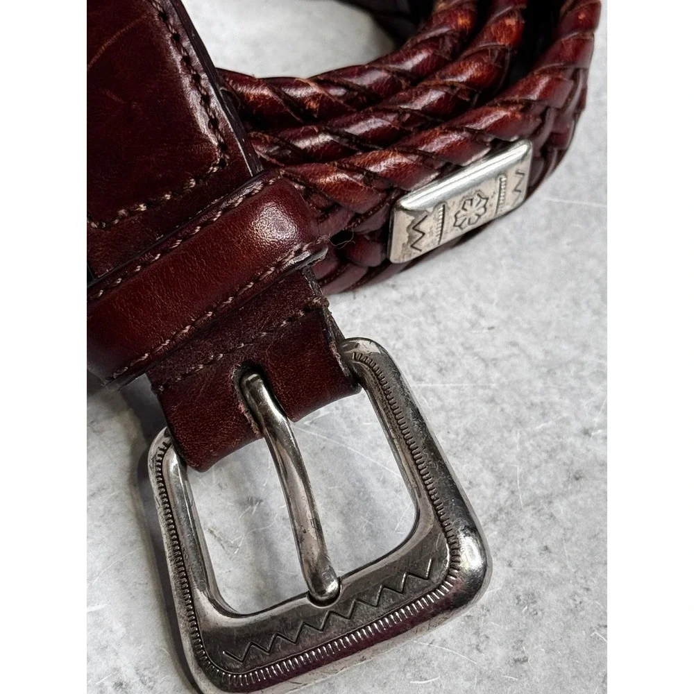Fossil Mens Brown Braided Woven Genuine Leather Belt Silver Hardware BT2279200 M
